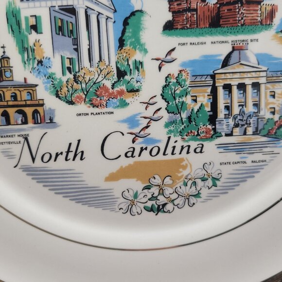 Vintage North Carolina Souvenir Plate With Gold Trim & Scenic Illustrations - Picture 3 of 10